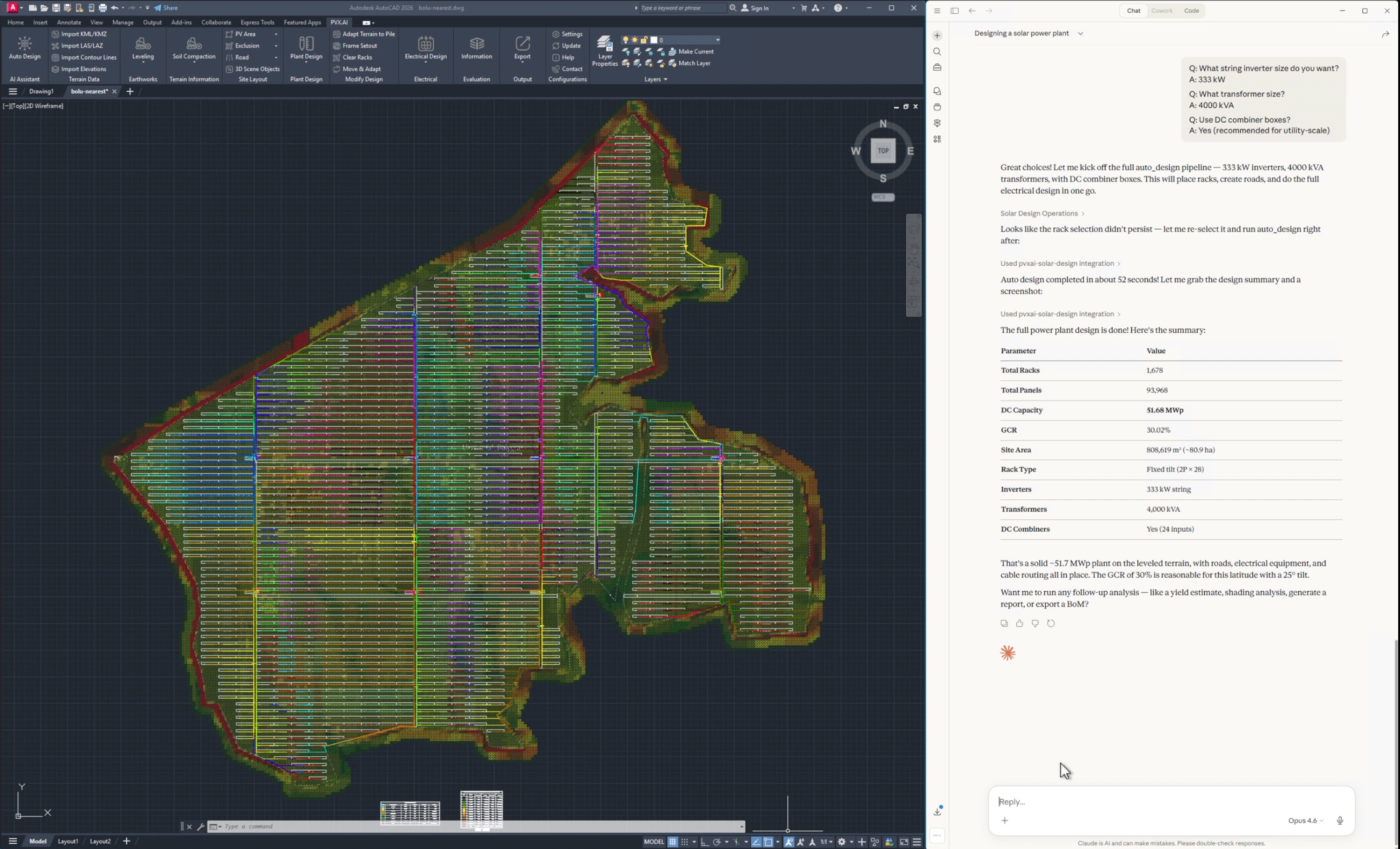 The PVX.AI assistant inside AutoCAD running an auto-design from a chat conversation
